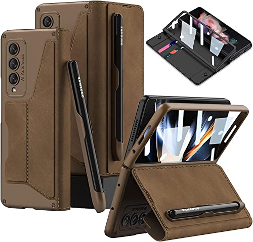 DEMCERT for Samsung Galaxy Z Fold 3 5G with S Pen Slot,Military Armor Cases Full Body Protective Anti-Scratch Hard Slim Leather Bracket Case with Screen Protector for Galaxy Z Fold 3 5G (Brown)