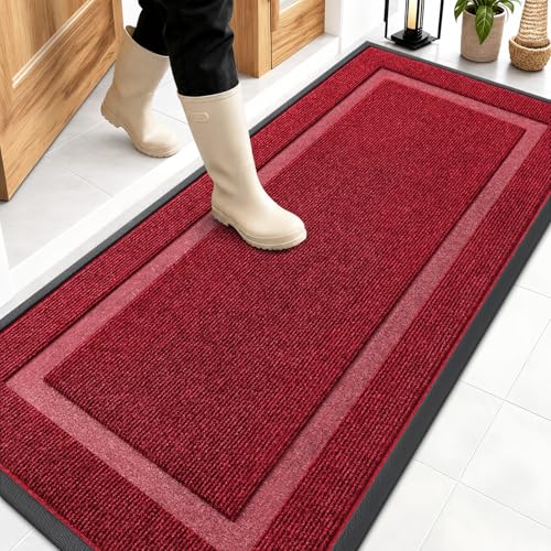Image of OLANLY Front Door Mat Indoor Outdoor Entrance, Waterproof All-Season, All-Weather Doormat, Sturdy Natural Rubber, Fade Resistant, Low Profile, Easy Clean Patio Porch Entryway Mat, 59x23, Wine Red