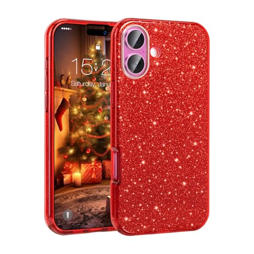 MATEPROX Compatible with iPhone 16 Plus Case, Glitter Bling 3-Layer Shockproof Anti-Scratch Cover 6.7'' for Girls Women,Trendy Sparkle Protective Christmas Cases for iPhone16 Plus-Red