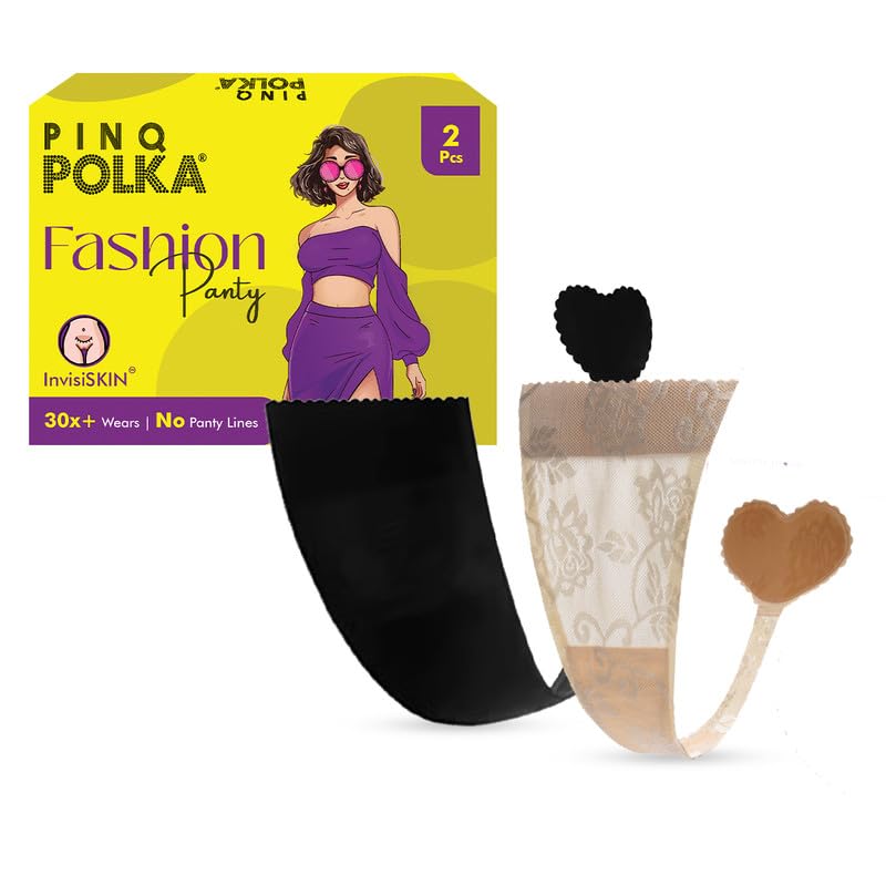 PINQ POLKA Women Premium Reusable Fashion Seamless C-String Panty, Nude Lace & Black Spandex, Medium and Large Size - 2Pcs