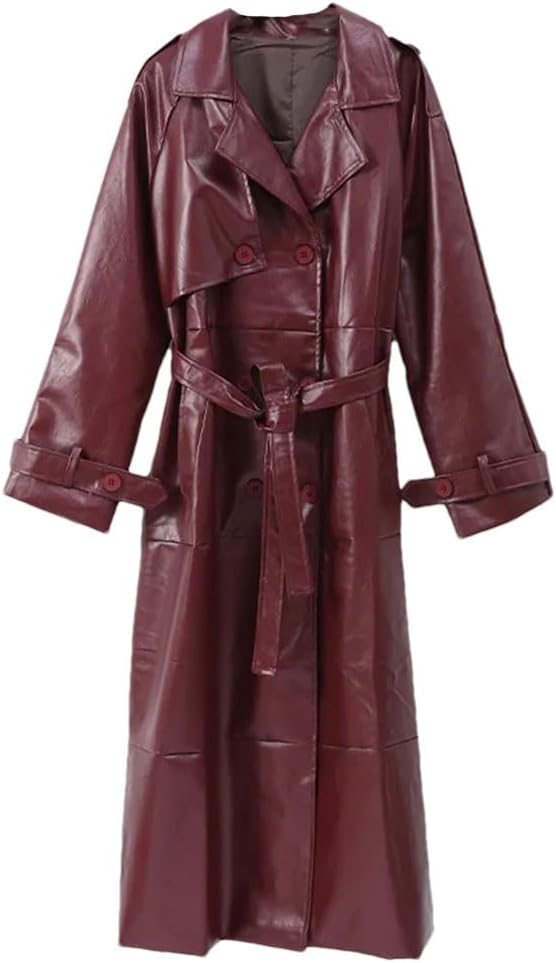 Haitpant Women's Faux Sheepskin Leather Jacket Autumn Winter PU Leather Belted Trench Coat