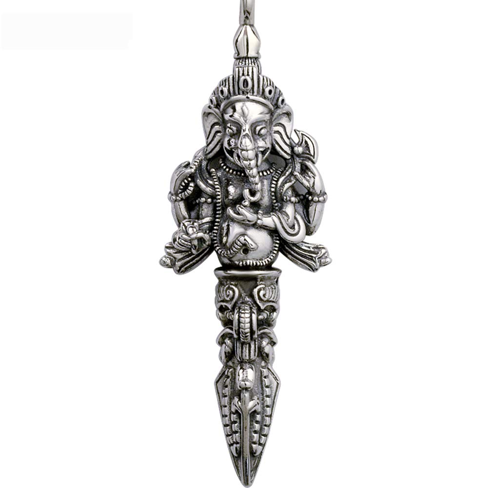 Ganesha Elephant Hindu God of Fortune Vajra Dorje Pendant Necklace for Men, 925 Sterling Silver Hindu Lord Ganesh,19.7inch Silver chain