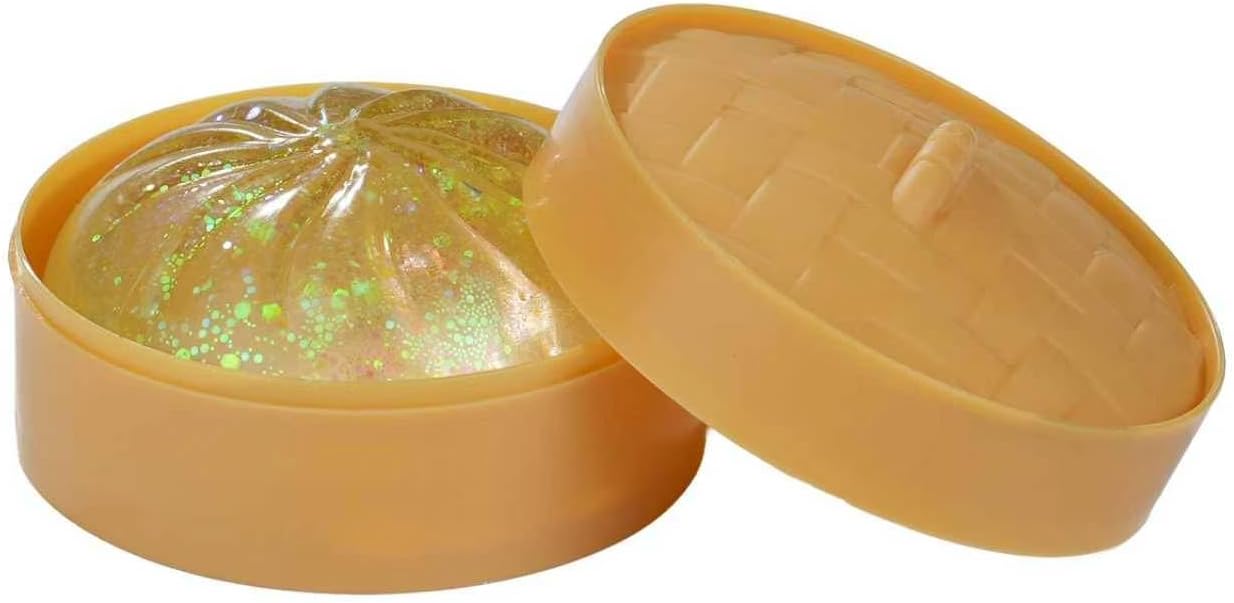 Dumpling Squishy Toy, Glitter Pink Steamed Bun Shape, Slow Rising Stress Relief Squeeze Toy with Container (Yellow)
