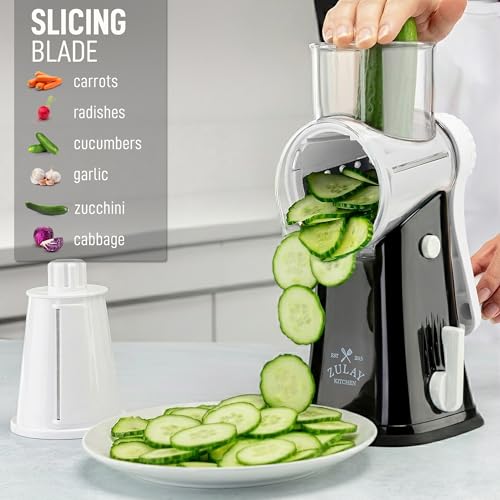 Image of Zulay Kitchen Rotary Cheese Grater 5 Blade Cheese Shredder - Manual Hand Crank Cheese Grater With Reinforced Suction & 5 Interchangeable Drums - Easy to Use, Vegetable Chopper Round Mandoline Slicer