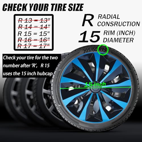 Image of Hubcap Wheel Cover Replacement R15 Hub Caps Universal-Fit Steel Wheel Rim Cover ABS Material Exterior Accessories for Car Truck SUV Van -Set of 4(15-inch,Blue-Black)