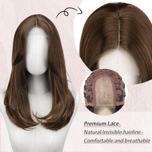 Image of FESHFEN Lace Front Hairline Wigs with Bangs, Synthetic Natural Looking Long Layered Straight Hair Wig for Women Daily Party Costume, 18 inch Brown Mixed Auburn