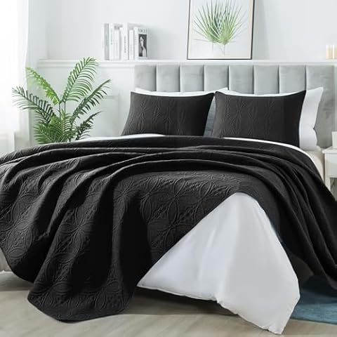 MASVIS Quilt Set Full Queen Size, Lightweight Quilted Microfiber Bedspread Coverlet for All Season, Classic Coin Pattern Quilts, Soft Bedding Set, 3 Piece (1 Quilt, 2 Pillow Shams) Black Cover