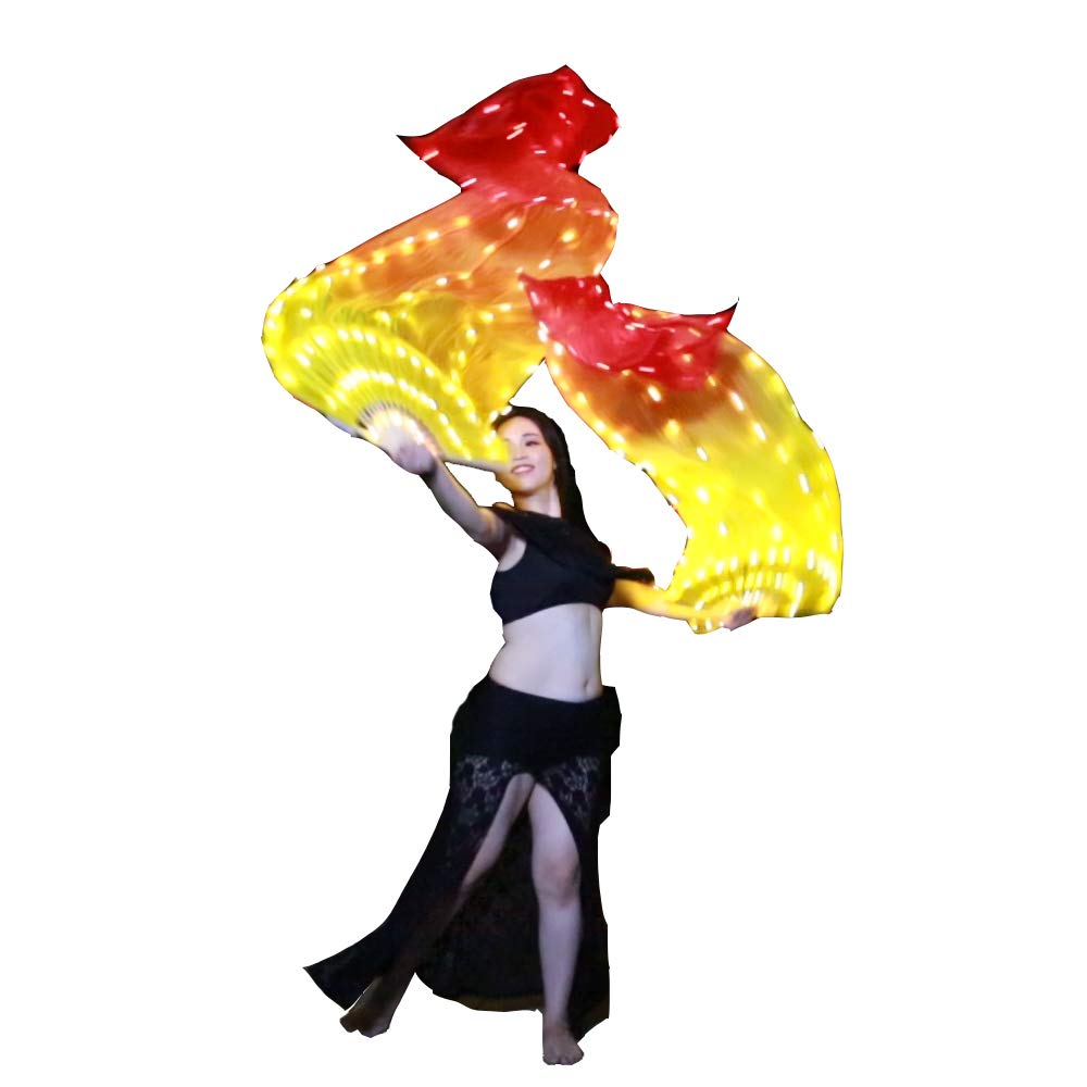 Upgrade 100% Silk Belly Dance LED Fans Veil - 1.8m Long Bamboo Fans Veil Hand Made Silk Fans for Dance/Outdoor