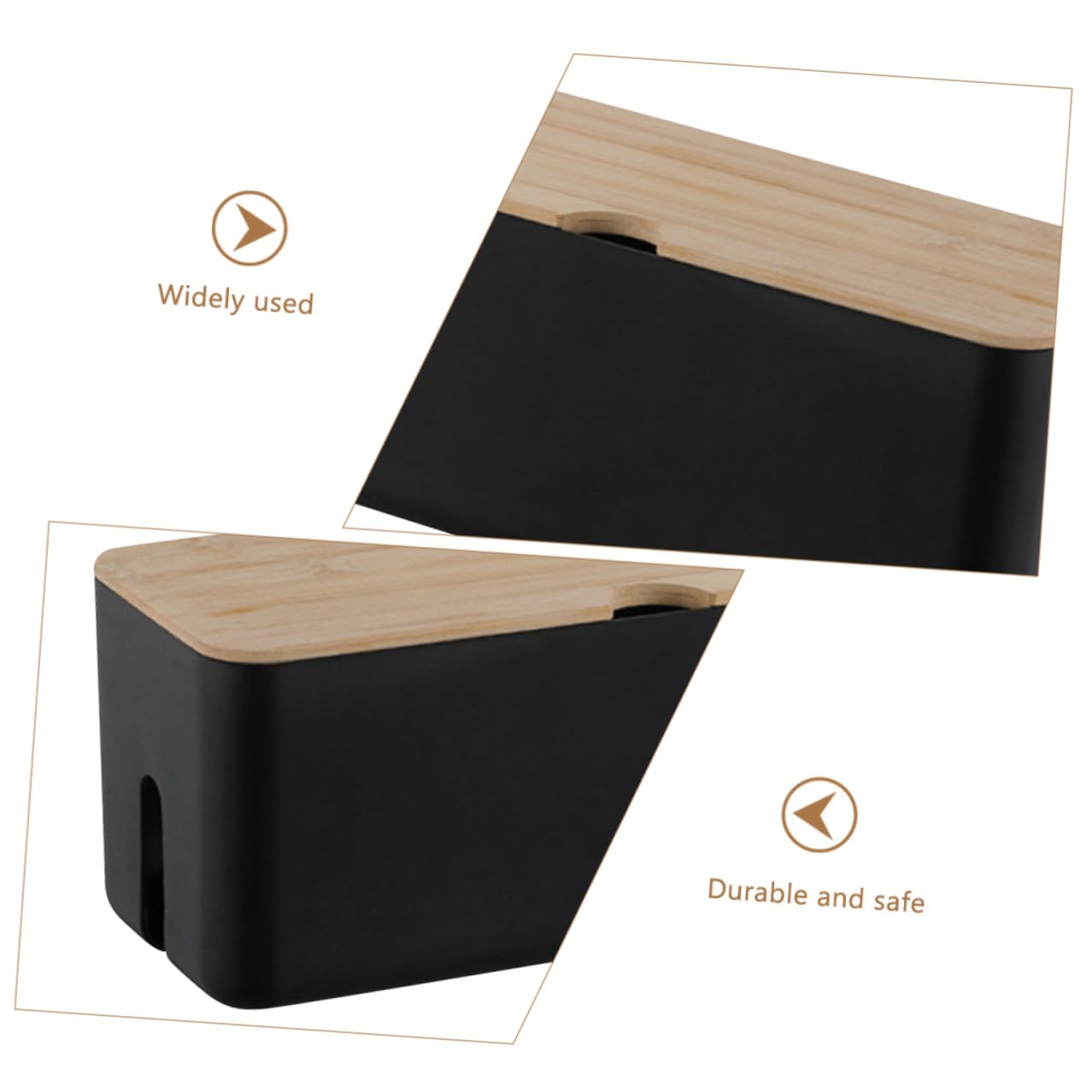 POPETPOP Kabelbox mit Bambusdeckel Kunststoff Kabel Organizer Aufbewahrungsbox Kabelhalter für Ladegerät Stromkabel Wandmontage Kabelmanagement Schwarz