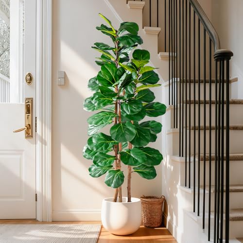 Image of Artificial Fiddle Leaf Fig Tree 5FT, Faux Fig Tree Indoor with Natural Wood Trunk & Realistic Leaves with Moss Pot Fake Ficus Tree Large Faux Floor Plant for Living Room Home Decor, House Plant