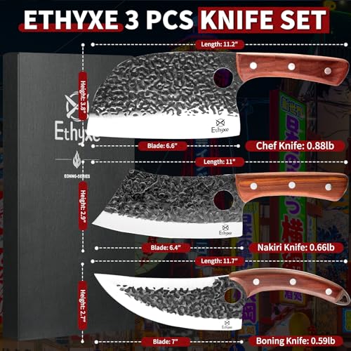 Image of Butcher Knife Set - 3PCS Hand Forged Kitchen Knife Set with Serbian Chef Knife, Viking Boning Knife & Meat Cleaver, High Carbon Steel for Meat Cutting, Outdoor BBQ, Camping, Gift for Men