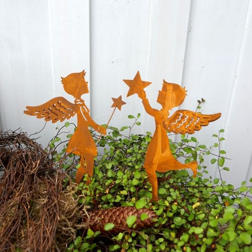 Gartenstecker Engel Figur 2er Set zum Stecken mit Stern in Rostoptik...