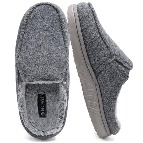 ONCAI Slippers for Men with Arch Support,Wool and Cotton-Blend High-Density Memory Foam Clogs Felt House Slippers with Orthotic Plantar Fasciitis Indoor Outdoor Rubber Soles Grey Size 10