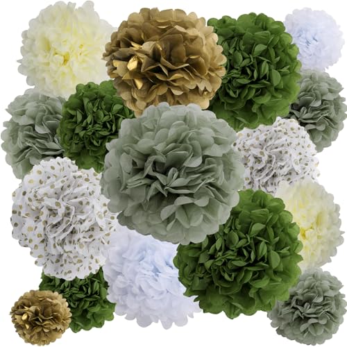 BestoFun Lot de 16 pompons en papier de soie salvia vert foncé blanc pompons déco beige or et beige pour mariage, anniversaire et fête de jardin