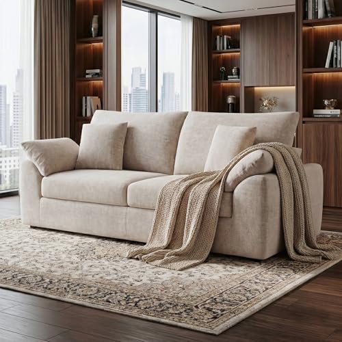 Image of 89.8 inch Modern Loveseat Sofa for Living Room, Cloud Boneless Couches with 4 Pillows, Mid Century Loveseat couches for Small Place, No Assembly Required, Camel