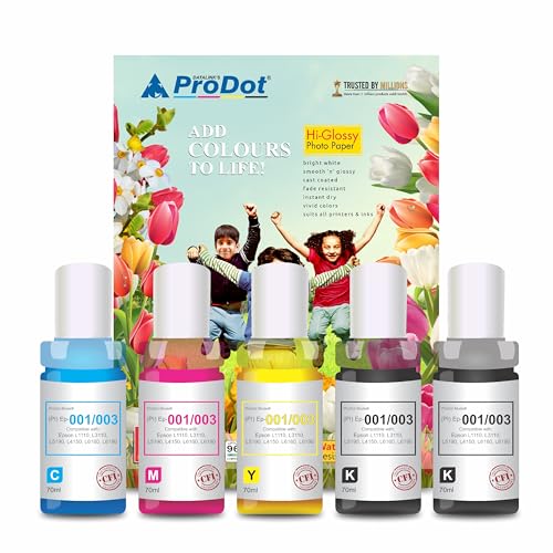 Image of ProDot ProSeries Ep 001 /003 Inkjet Ink Refill Compatible with Epson L1110, L1455, L3100, L3101, L3110, L3150, L4150, L4160, L5190, L6160, L6170, L6190 Ink Tank Printers (70 ml CMYKK)