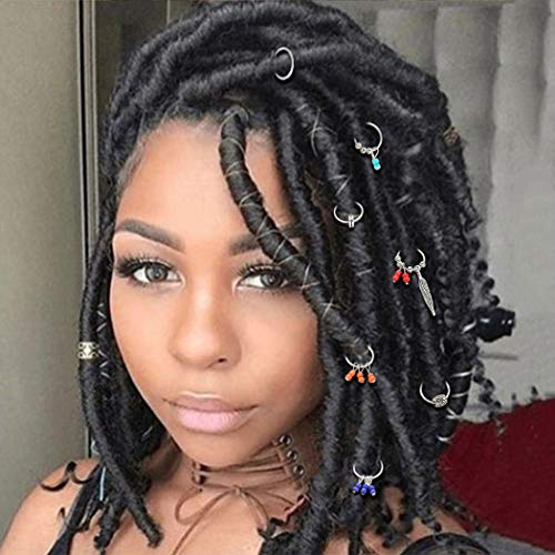 Woeoe Feather Dreadlock Accessories Silver Beads Hair Rings Jewelry Braid Charms for Women and Girls (Pack of 7)