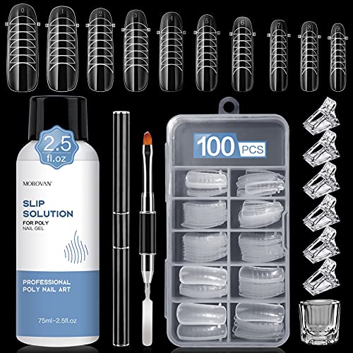 Morovan Slip Solution Poly Gel 2.5oz Nail Extension Gel Slip Solution Anti-stick Gel Solution Liquid With Brush Nail Tips Clips Crystal Cup for Poly Nail Gel Nail Art Kit Easy DIY