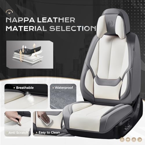 Image of Coverado Seat Covers, Car Seat Covers Front Seats, Car Seat Cover, Car Seat Protector Waterproof, Seat Cushion Nappa Leather with Head Pillow, Carseat Cover Universal Fit for Most Cars (Gray&White)