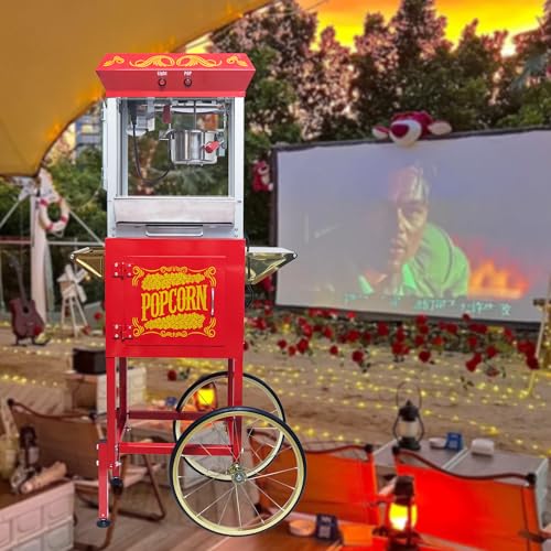 Image of Montary 8 Oz Commercial Popcorn Machine with Cart,650W Vintage Style Popcorn maker Equipped with Popcorn Scoops，Heated Deck & Storage for Home Movie House and Carnival,Red