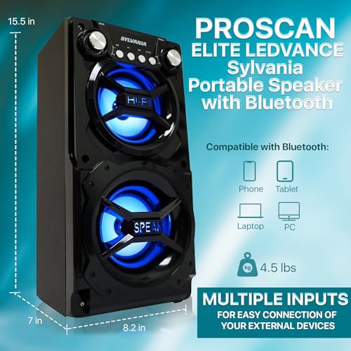 PROSCAN ELITE LEDVANCE Sylvania, Portable Speaker with Bluetooth, Connect to iPhone, iPad or Android, Double Subwoofer Heavy Bass, Perfect for Events, Black