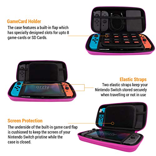 Image of Orzly Carry Case Compatible with Nintendo Switch and New Switch OLED Console - Pink Protective Hard Portable Travel Carry Case Shell Pouch with Pockets for Accessories and Games