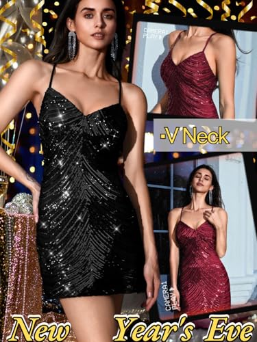 Image of Kaei&Shi Sequin Mini Dress,V Neck Spaghetti Strap Sparkly Prom Dresses for Women,Sexy Birthday Outfit HOCO Cocktail Nye Party