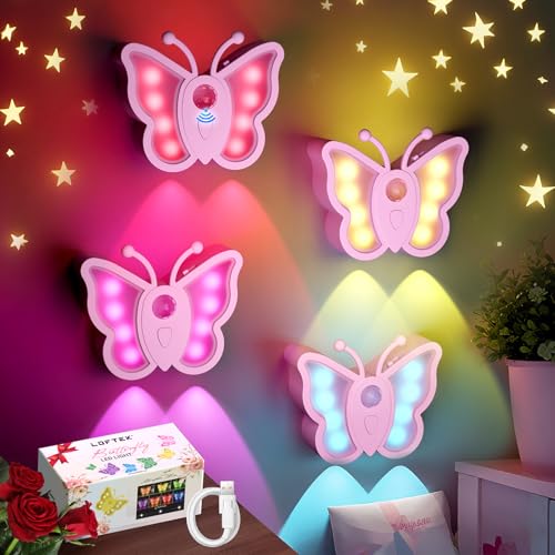 Image of LOFTEK Rechargeable Motion Sensor Light, RGB Color Changing & Dimmable Night Light, Cute Butterfly Light for Kid's Bedroom, Bathroom, Hallway, Tent & Stairs - Ideal Home Decor & Gift, Pink of 4