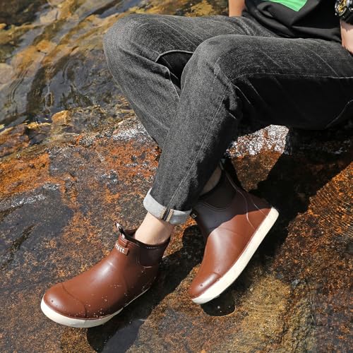 Image of Men's Deck Boots Waterproof Fishing Rain Boots, Anti-Slip Rubber Boots Ankle Booties, High-Performance Footwear Chelsea Boots for Gardening Boating Camping Sailing