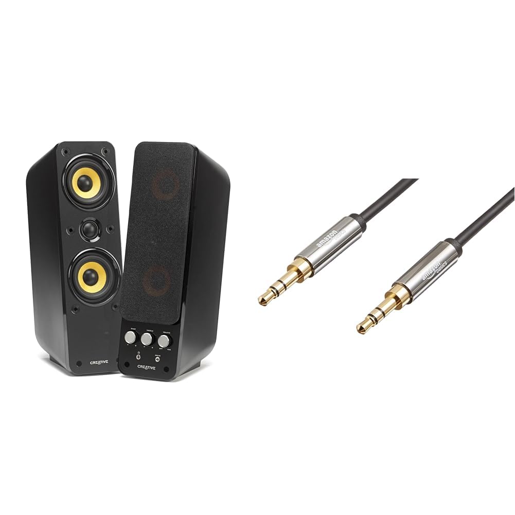 Creative GigaWorks T40 Series II 51MF1615AA000, Głośniki Komputerowe 32 W, Czarny, 2 Sztuki & Amazon Basics Kabel AUX Audio do głośników stereo lub subwoofera z pozłacanymi wtyczkami, 244 cm, czarny