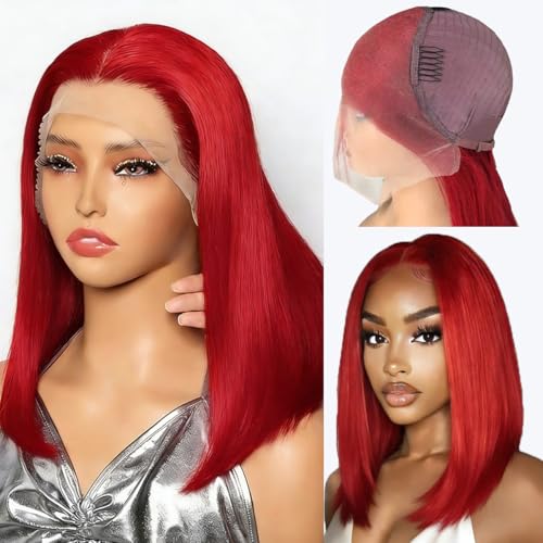 Red Bob Wigs Human Hair Straight 13x6 HD Transparent Lace Front Bob Wigs Human Hair for Black Women 180% Density Red Color Glueless Short Bob Wig Human Hair Pre Plucked with Baby Hair 10 Inch