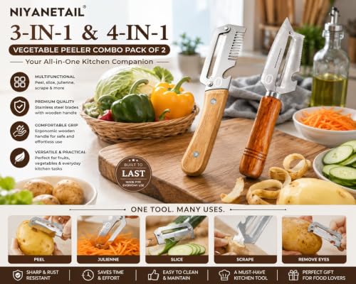 Image of 2-Piece Multifunctional Vegetable Peeler with Ergonomic Wooden Handle, Heavy Duty Stainless Steel 3-in-1 & 4-in-1 Kitchen Tool with Scallion Shredder & Built-in Bottle Opener for Home Cooking