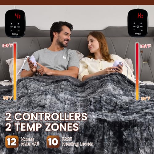 Bearhug Electric Blanket Queen Size 84"x 90", Dual Controllers Heated Blanket, Faux Fur & Grey Sherpa, 10 Heating Levels & 1-12H Auto Off, Over-Heat Protect, ETL, Machine Washable