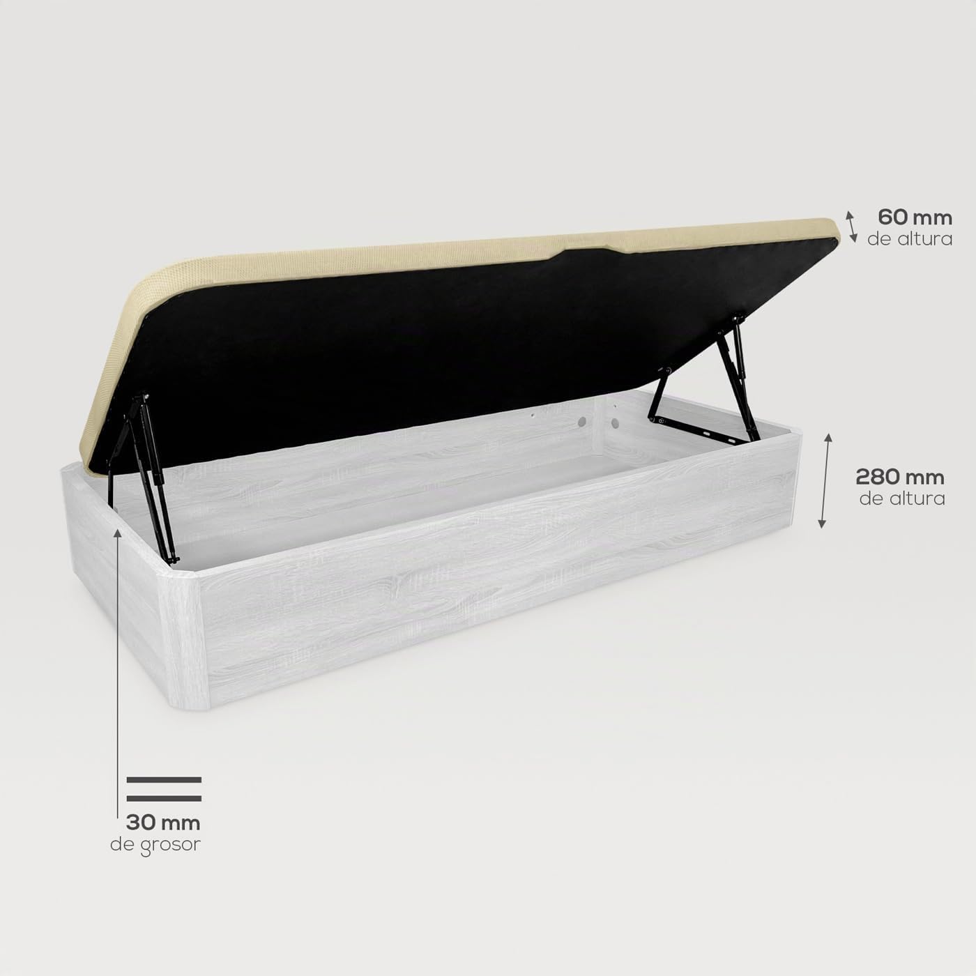 Duérmete Online - Pack Colchón Viscoelástico Pocket Visco + Canapé Abatible Gran Capacidad con Apertura Lateral, Color Polar 90 x 190