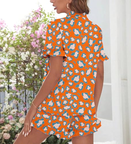 Image of SWOMOG Woman Pajama Set Short Sleeve Pjs Set 2Pcs Short Pajamas Button Down Ruffle Hem Sleepwear Soft Modal Loungewear