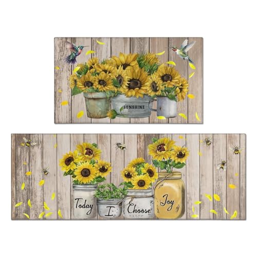 Sunflower Kitchen Rugs Sets of 2, Farmhouse Vintage Washable Anti Fatigue Kitchen Runner Mats for Floor, Non Slip Comfort Standing Holiday Decor Mat for Sink, Laundry, Office 17