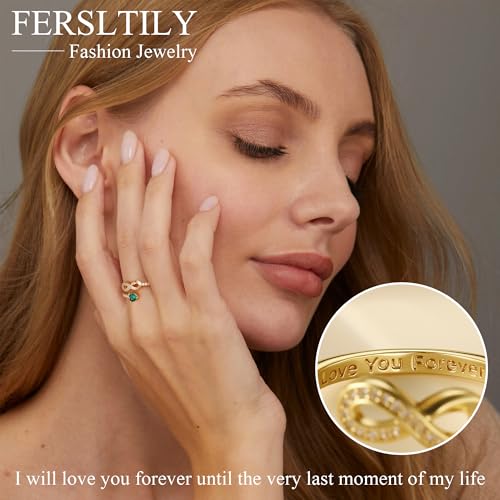 Gold Birthstone Rings for Women Non Tarnish Infinity Promise Ring Adjustable Rings for Women Stackable Dainty 14k Gold Plated CZ Ring Christmas Gifts for Her2