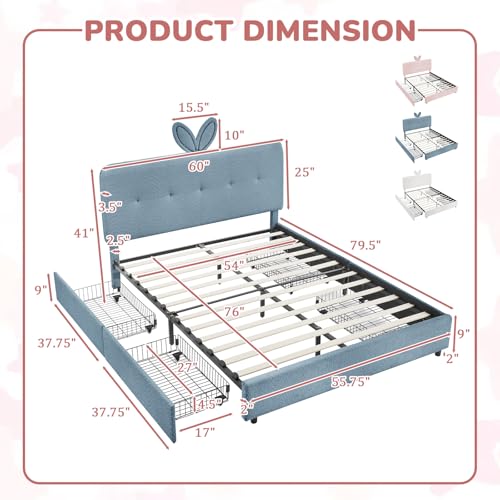 Image of Full Led Bed Frame with 4 Storage Drawer, Upholstered Platform Floor Bed with Rabbit Ear Headboard Daybed Strong Wooden Slats No Box Spring Needed for Kids Girls Boys, Blue