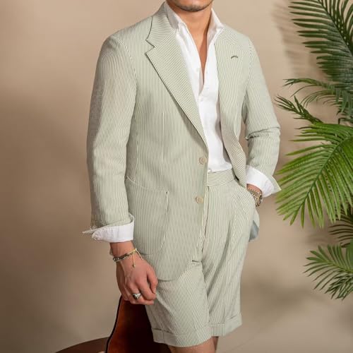 Mens Shorts Suits 2 Piece Seersucker Suit Slim Fit Two Button Blazer Short Pants Casual Set Summer Beach Wedding2