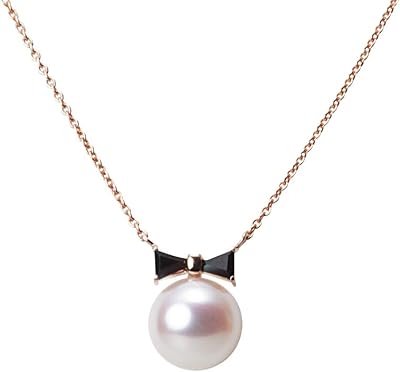 【新品首饰】Japanese 7.5mm Akoya Cultured Pearl with Onyx Pendant Necklace for Women with 18K Pink Gold | Lovely Design Excellent Gift | Pearl Necklace
