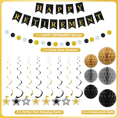 Image of Happy Retirement Party Decorations for Men Women Black Gold Happy Retirement Banner Honeycomb Balls Pentagram Hanging Swirl Streamers Circle Dots Garland