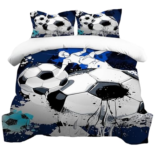 JLCZBT Fußball Bettwäsche Kinder 135x200cm, 3D Druck Fußball Muster Bettbezug, Jungen Teenager Fussball-Fan Sport Thema Bettwäsche Set Blau mit Kissenbezug (A-3, 135 x 200 cm)