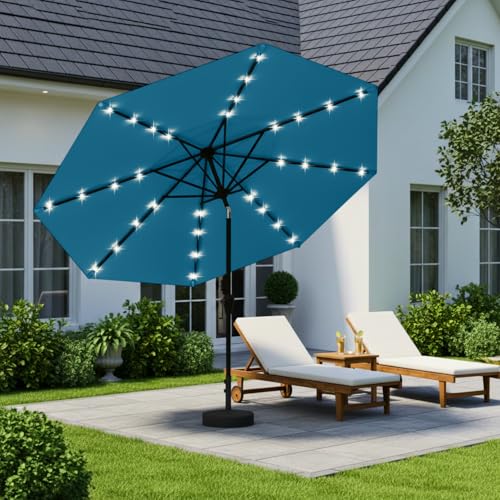 Image of 9' Solar LED Patio Umbrella with Tilt & Crank|8 Sturdy Ribs,UV Protection,Outdoor Market Table Umbrella for Deck,Lawn,Pool,Backyard(Lake Blue)