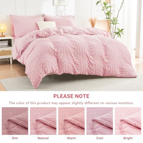 Image of HYMOKEGE Pink Full Size Comforter Sets Seersucker 7 Pieces, All Season Luxury Bed in a Bag for Bedroom, Bedding Set with Comforters, Sheets, Pillowcases & Shams