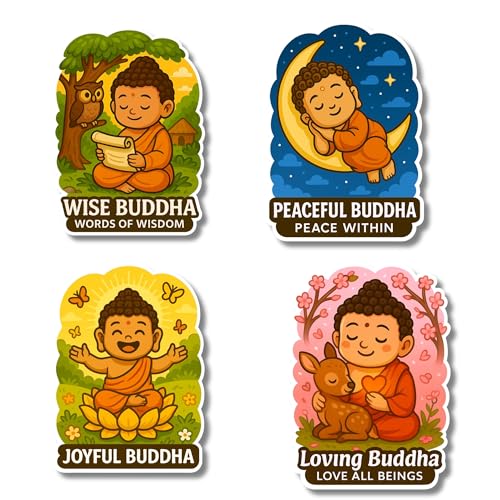 Image of Regalo Casila Buddha Fridge Magnet Set Wise Joyful Peaceful Loving 4 Pc Ideal Gift for Kids Adults Spiritual Seekers Yoga Lovers Teachers