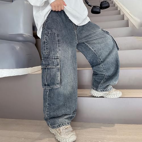 Boy's Baggy Jeans Elastic Waist Pull On Denim Pants Classic Straight Wide Leg Jeans with Pockets for Kids 4-14 Years3