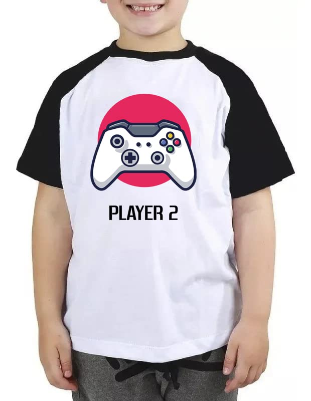 Camiseta infantil player 2 camisa blusa gamer geek jogos fun Cor:Preto com Branco;Tamanho:10 Anos