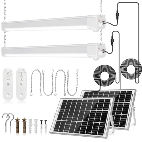 SHUNLEE Solar Shop Light with Motion Sensor 20W 10000mAh IP65 Waterproof Solar Shed Light Sensor & Always On Mode with 2.4G Remote LED Ceiling for Shed Barn Carport Garage Courtyard (2P 34)