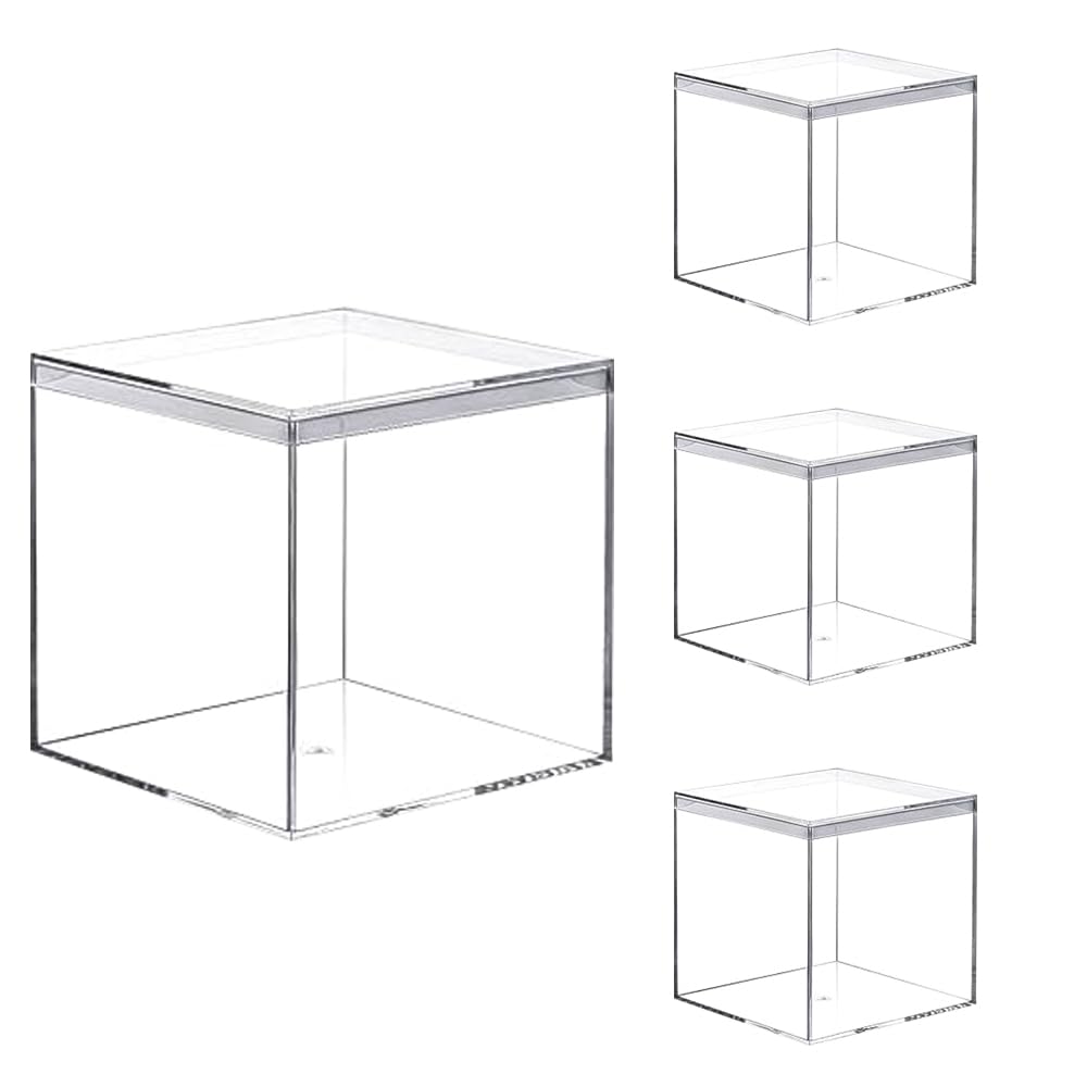 Wanfoou 4 Pack Clear Acrylic Plastic Square Cube Small Acrylic Box with Lid Storage Mini Boxes Square Display Box Organizer Containers for Candy Jewelry Display, 8.5x8.5x8.5 cm