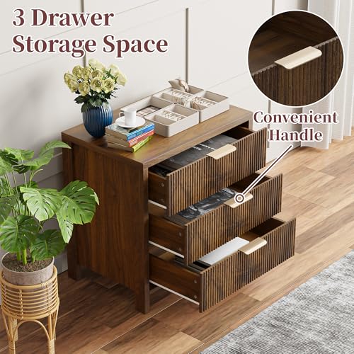 Image of Fluted Nightstand, 23.7'' Wide Night Stand with 3 Drawers, Mid-Century Modern Bedside Table with Handles, Wood End Table for Bedroom, Walnut